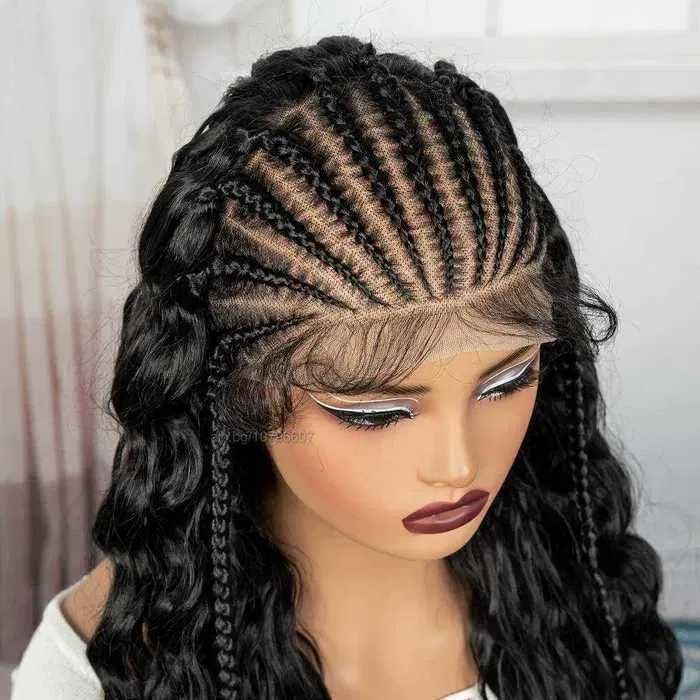 Екзотична черна синтетична перука с пълзящи плитки - Lace Front 13x6