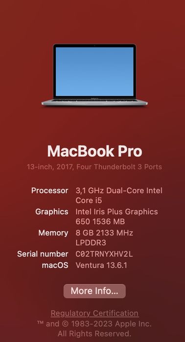 Лаптоп apple Macbook pro 13” 2017, 256gb i5, 8gb touchbar fingerprint