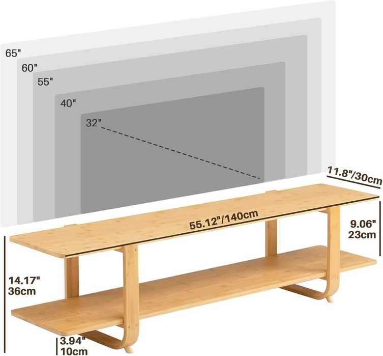 Comand TV din bambus, cu 2 rafturi, 140 cm,
