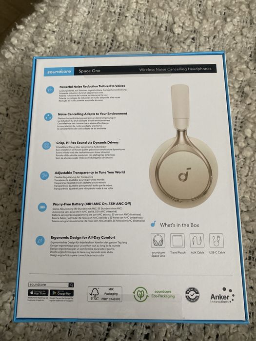 Casti wireless Over-Ear Anker Soundcore Space One, Adaptive Active Noise Cancelling, LDAC Hi-Res, Bluetooth 5.3 Alb