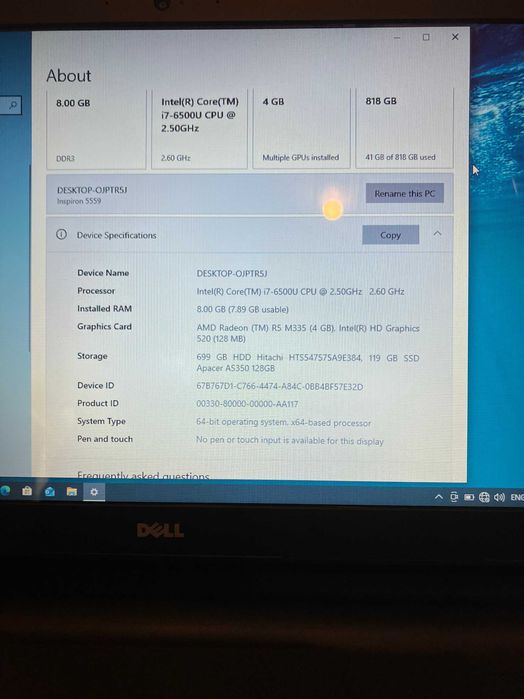 Лаптоп - DELL Inspiron 5559 - Intel i7-6500U, SSD+HDD