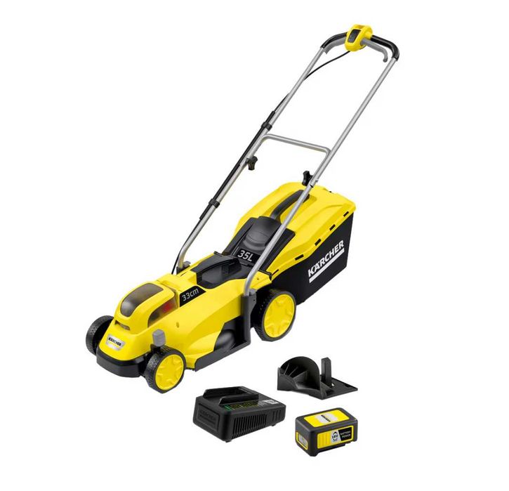 Set masina de tuns gazon/iarba pe acumulator Karcher LMO 18-33, 18 V 5.0 Ah