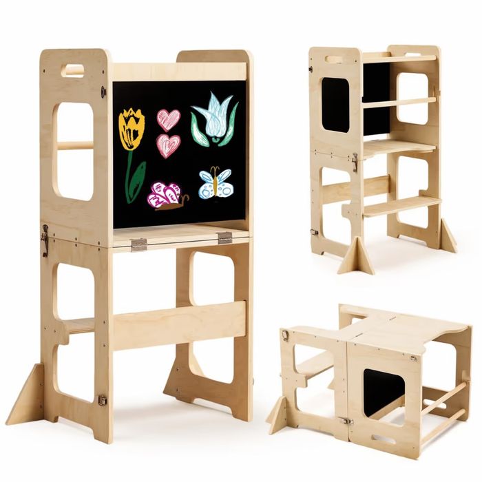 Turn de învățare (Learning Tower) Montessori 3 în 1 din lemn – Scaun + Masă + Tablă – Pliabil, Sigur, 68 kg
