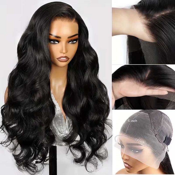 Черна синтетична чуплива перука 75 см с дантелена зона 13x4