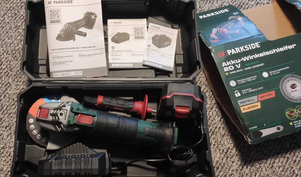 ПРОМО Комплект акумулаторен ъглошлайф Parkside с батреия и зарядно 4А