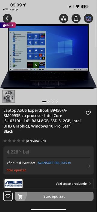 Laptop ASUS ExpertBook B9450F,i5-10310U, 14", 8GB, SSD 512GB,Intel UHD