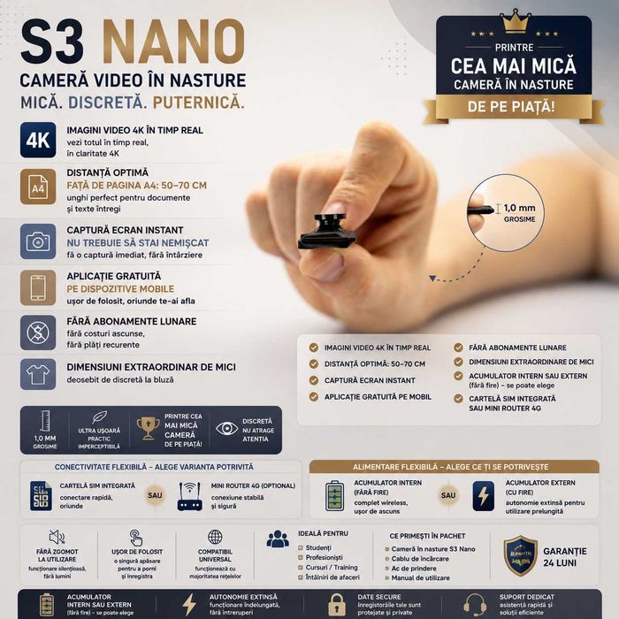 Casca de copiat - Camera Video iCheat S3 Nano in Nasture ultra discreta