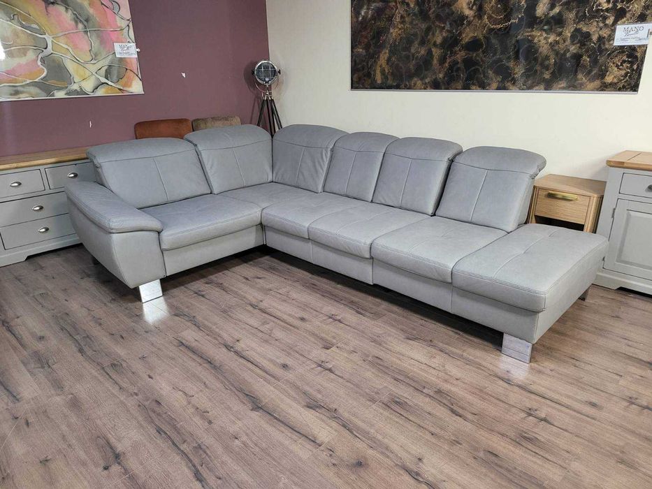 Сив ъглов диван от плат с функция сън и ракла Rhone