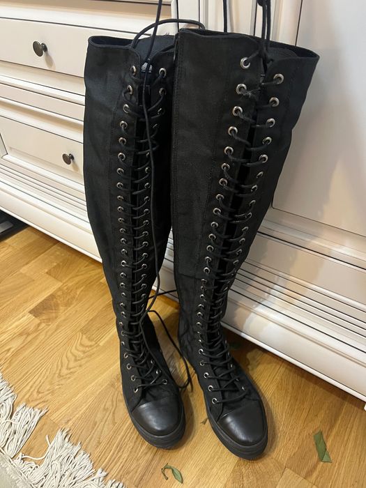 Нови ботуши thigh high canvas черни 36 - платформа, връзки, цип