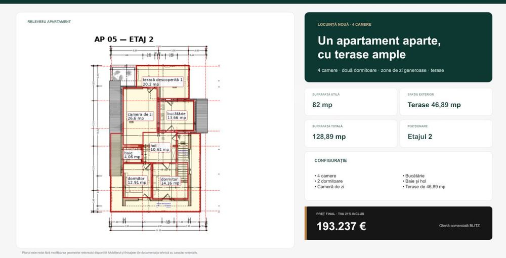 Apartament cu 4 camere si terase ample, 128.89 mp total