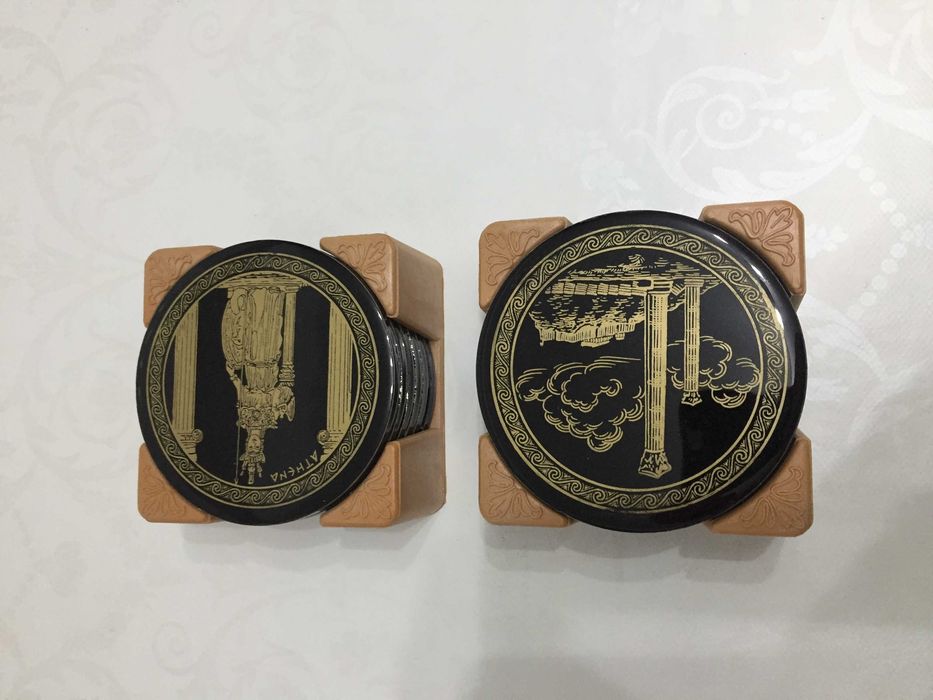 Set suport pahare ceramica pictata Grecia+protectie plastic pe verso.