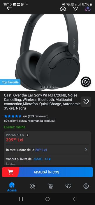 Casti Over the Ear Sony WH-CH720NB Noise Cancelling Wireless, Blueto