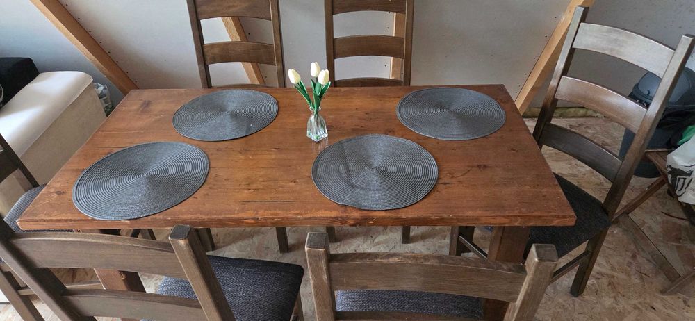 Set masă lemn masiv +6 scaune tapitate