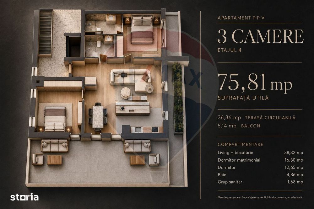 Apartament 3 camere, 75,81 mp, terasă și balcon | Tractorul