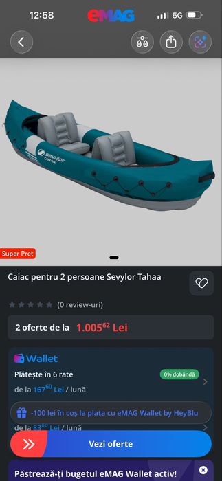 Caiac pentru 2 persoane Sevylor Tahaa ca Nou