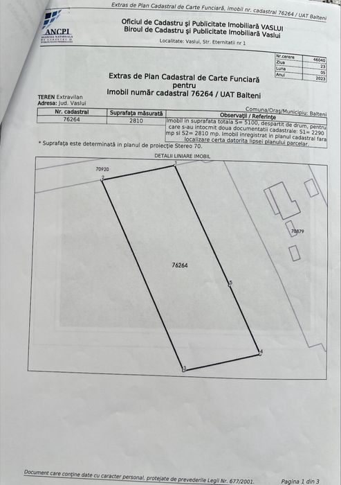 Teren 5100 mp Balteni Deal Vaslui Intravilan si Extravilan Cadastru