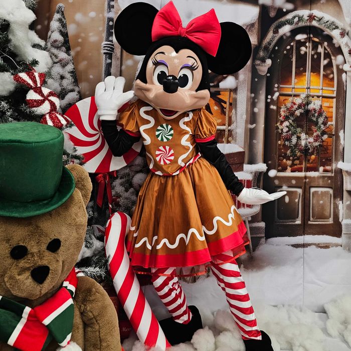 Costum Mascotă Minnie Mouse Disney de Crăciun cu Cap 3D Profesional – Rochie Turtă Dulce, Handmade, Petreceri și Evenimente