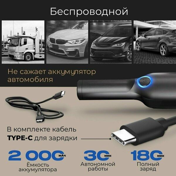 Автомобильный беспроводной пылесос Carowell 13500 Pa с турбо режимом д