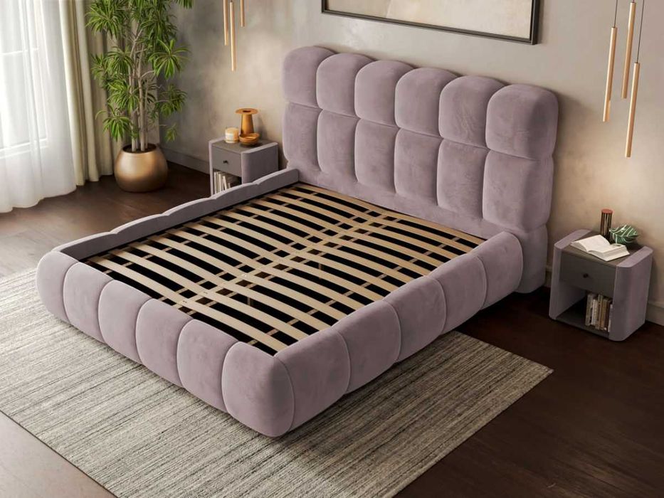 Pat Tapitat Espera tip bubble cu somiera fixa Roz Velluto 14 - Transport Gratuit