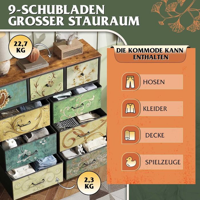 Скрин от плат с 9 чекмеджета, здрава стоманена рамка, Винтидж принт