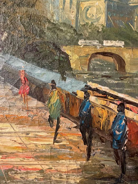 Tablou vechi ulei pe panza - Peisaj urban cu catedrala si rau, 47 x 57 cm, cu rama
