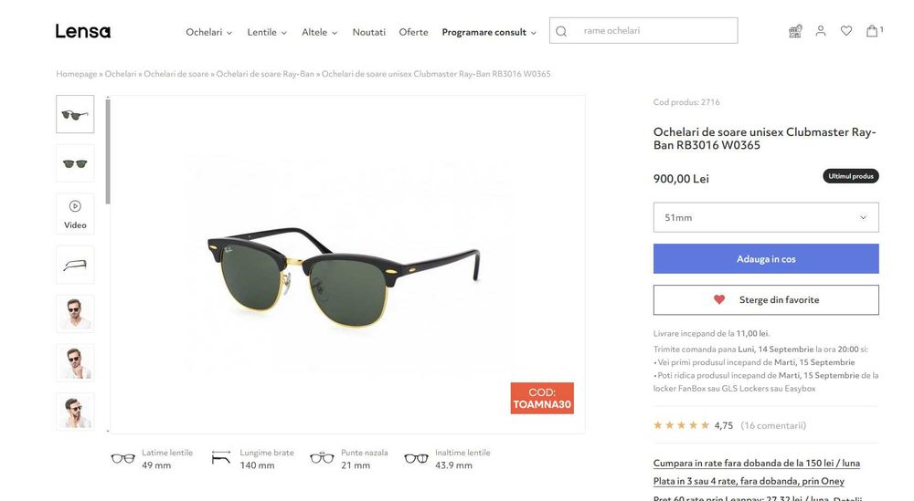 Ochelari de soare unisex Clubmaster Ray-Ban RB3016 W0365 Marime M 51mm