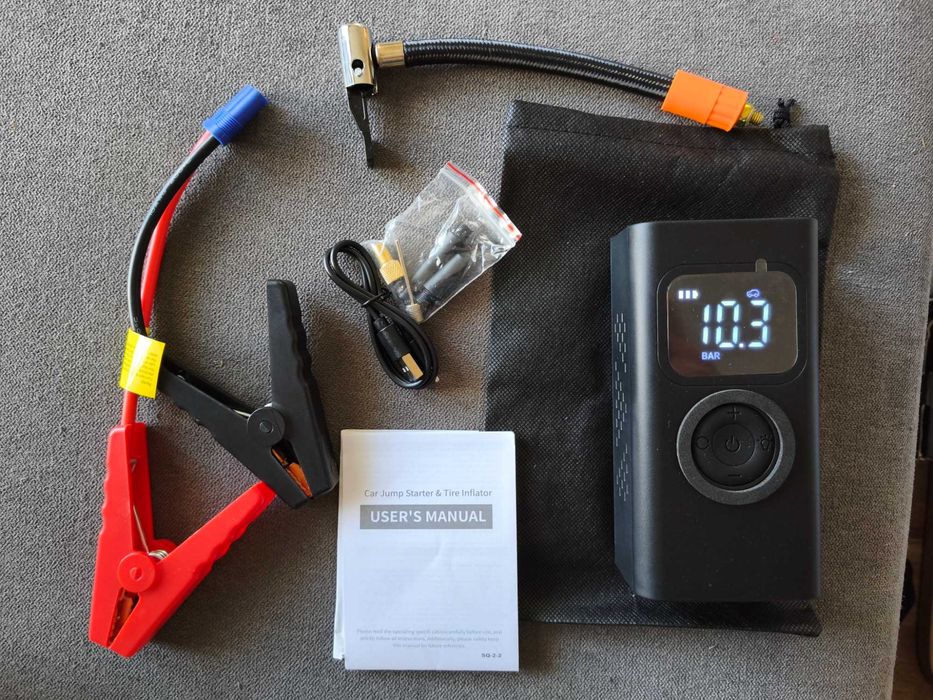 Авариен мобилен стартер (Jump Starter), компресор и външна батерия, LED светлина с 3 режима 4 в 1, различни накрайници за помпане, 5000А, 10ATM, НОВ!