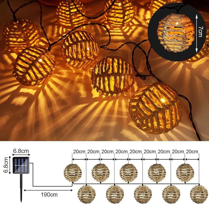 Instalatie solara decorativa 10 LED ratan – lumina calda, exterior/interior - LIVRARE GRATUITA !