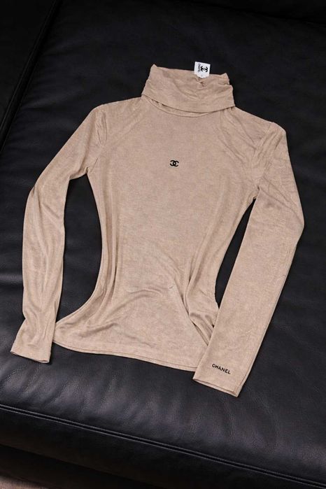 кафява блуза поло шанел беж дълъг ръкав с поло трикотажна еластична
