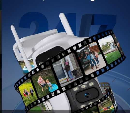 Тройна външна въртяща WiFi AI камера с три обектива, ICSee, Бяла