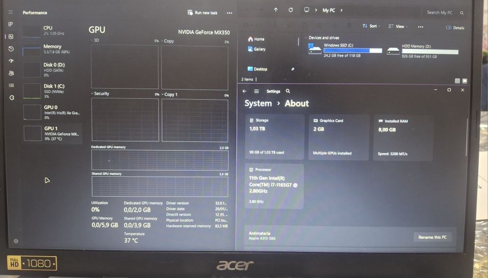 Acer Aspire 3: i7 1165g7 / 8gb / 128gb ssd + 1tb hdd