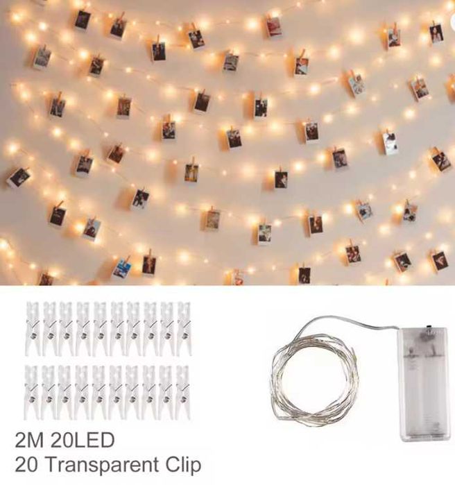 LED светещ гирлянд за сватба 2 м с прозрачни щипки, топла светлина