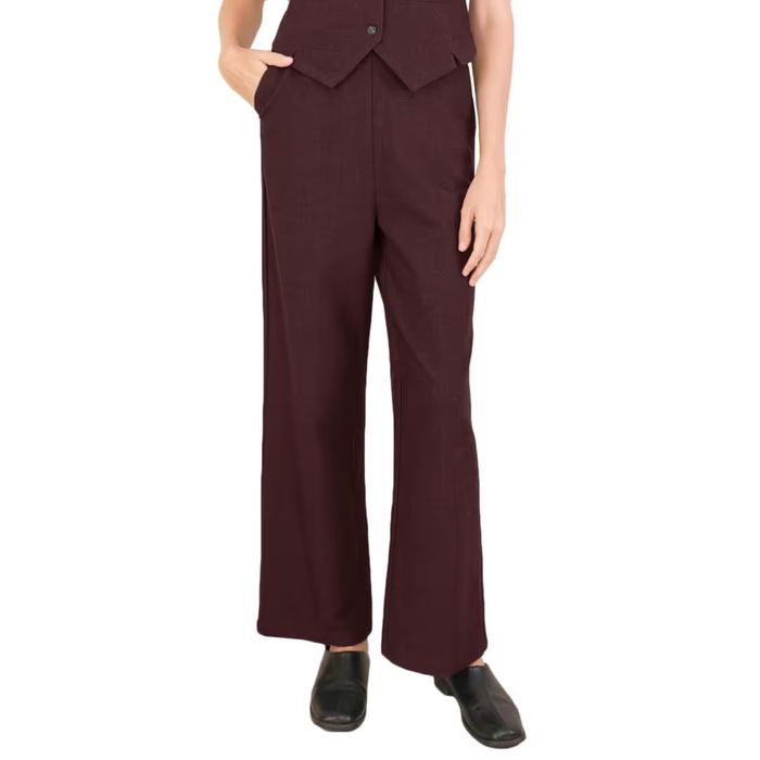 Дамски вълнени панталони висока талия широк крачол – Червен M