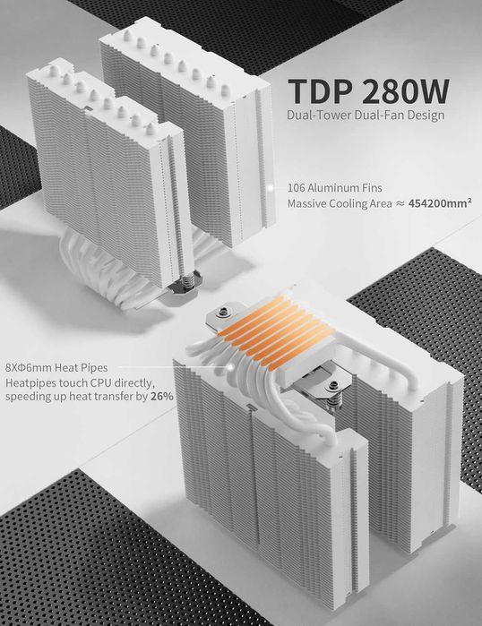 Cooler CPU Aer Desktop upHere UE2 Elite,două turnuri ventilator ARGB PWM 120mm,8 conducte căldură Intel LGA 1851/1700/2011/2066/115X, AM5/AM4/AM3