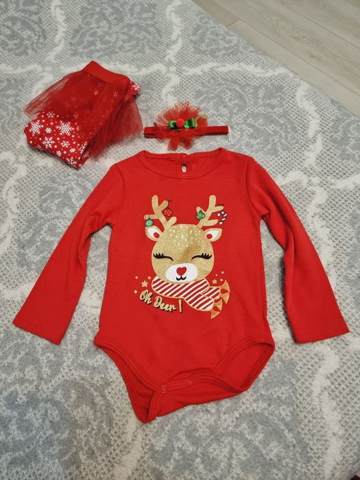 Costumas craciun pantalon cu dantela si body rosu+ bentita, mar. 80 no