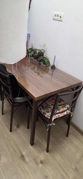 Set masa fixa cu 4 scaune tapitate, bucatarie, maro,
