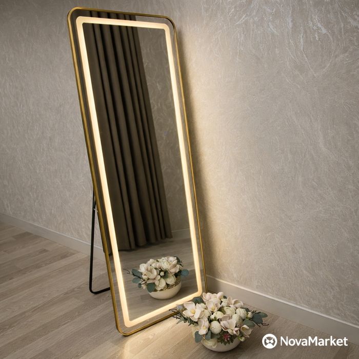 Зеркало напольное с LED-подсветкой, золотая рама, премиум