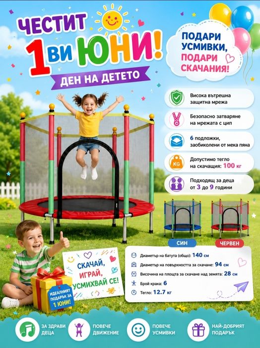 Брой подложки: 6 (заобиколени от мека пяна)
• Висока вътрешна защитна мрежа
• Безопасно затваряне на мрежата с цип
• Диаметър на батута (общо): 140 см