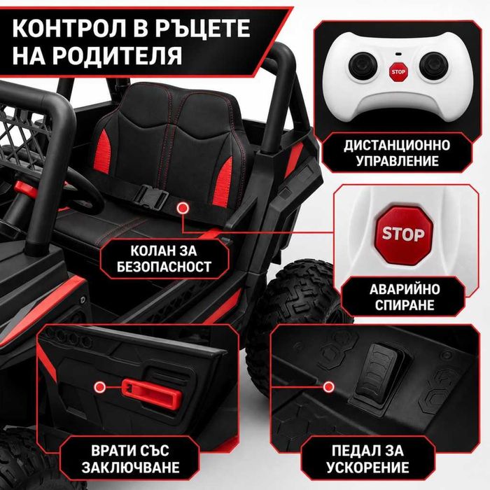 Детско електрическо бъги 4×4 с дистанционно, LED, USB и MP3 – 4 мотора