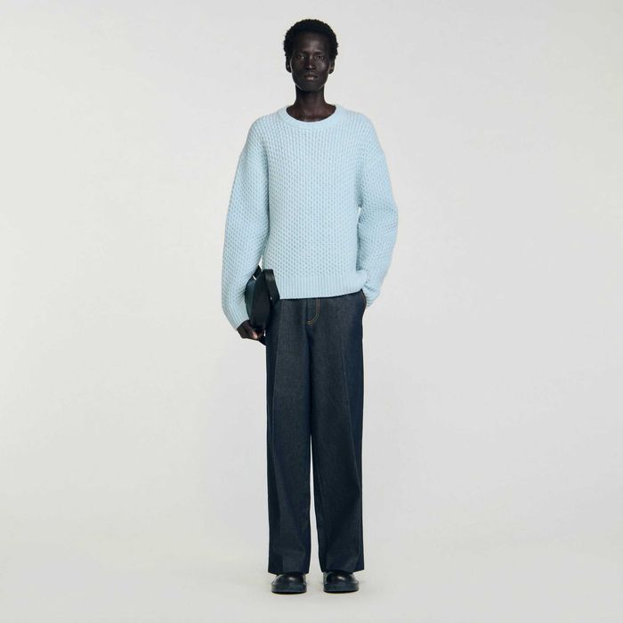 Sandro, Pulover din lână cu cusături fagure, Albastru, M