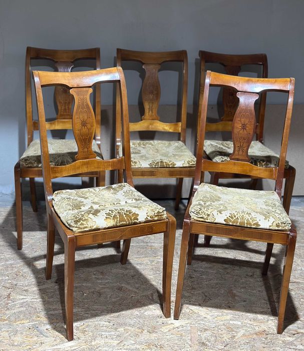 Set 6 Scaune Vintage din lemn Stil Biedermeier; Scaun cu sezut tapitat