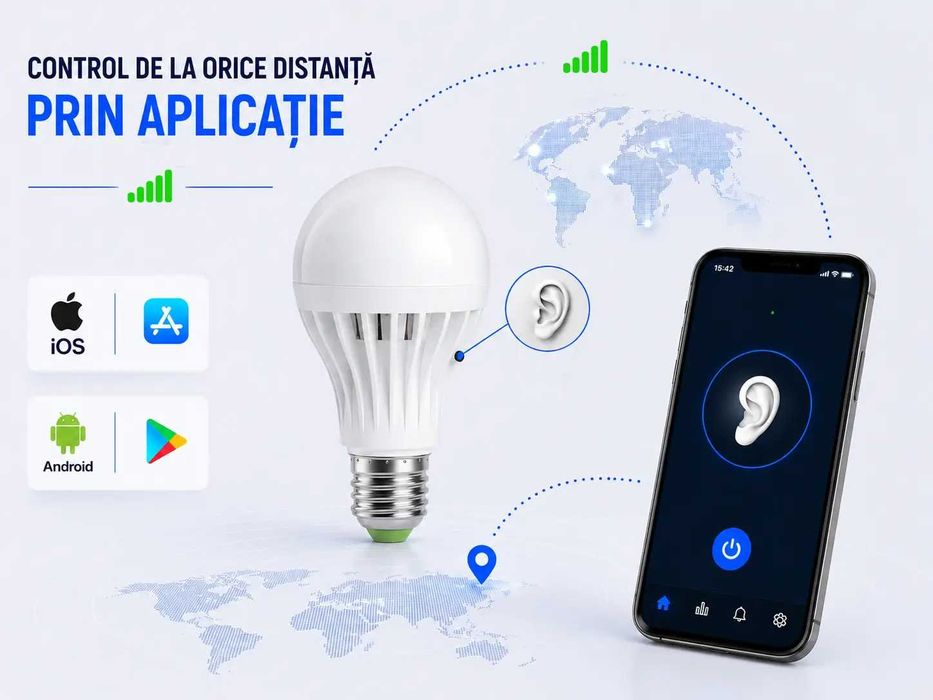 Microfon Spion si Reportofon Spion Integrat in Bec Econimic 12W- Control prin Aplicatie (iOS / Android) SMT SECURITY