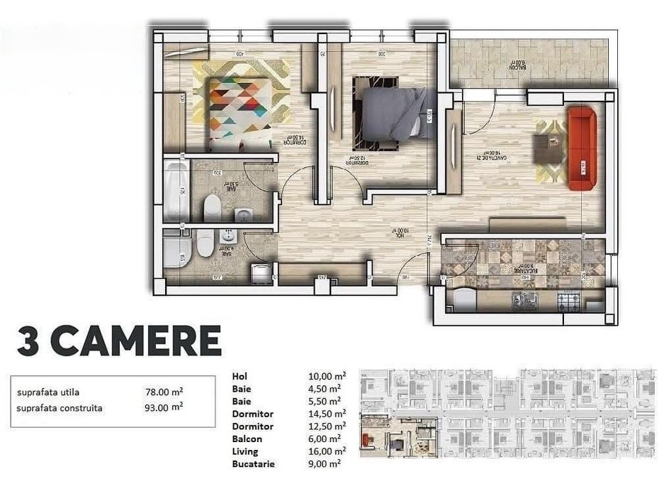 Apartament 3 camere, mobilat complet, parcare inclusă Pollux Residence