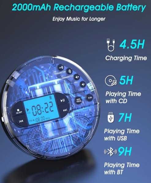 Преносим CD плейър Greadio CD-35 с Bluetooth, акумулаторна батерия 2000mAh