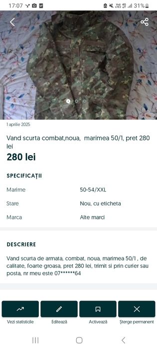 Vând scurta de armată noua, pret 280 lei