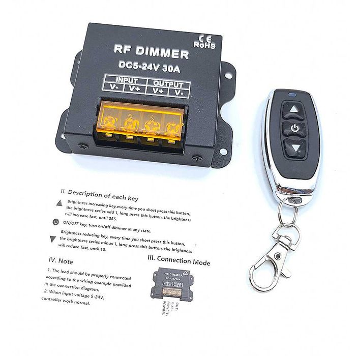 Dimmer Bandă LED 5V 12V 24V 30A cu Telecomandă RF – Controller DC