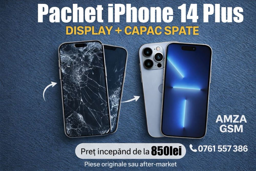 Pachet Display + Sticla Spate iPhone 14 Plus 16 15 13 12 Pro Max Ecran