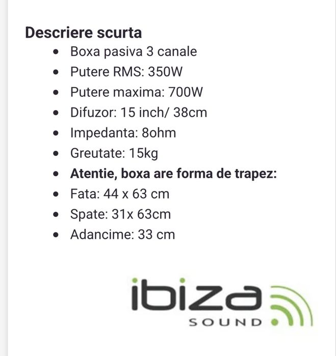 Set 2 boxe 15” , 3 cai, 700 W, pasive