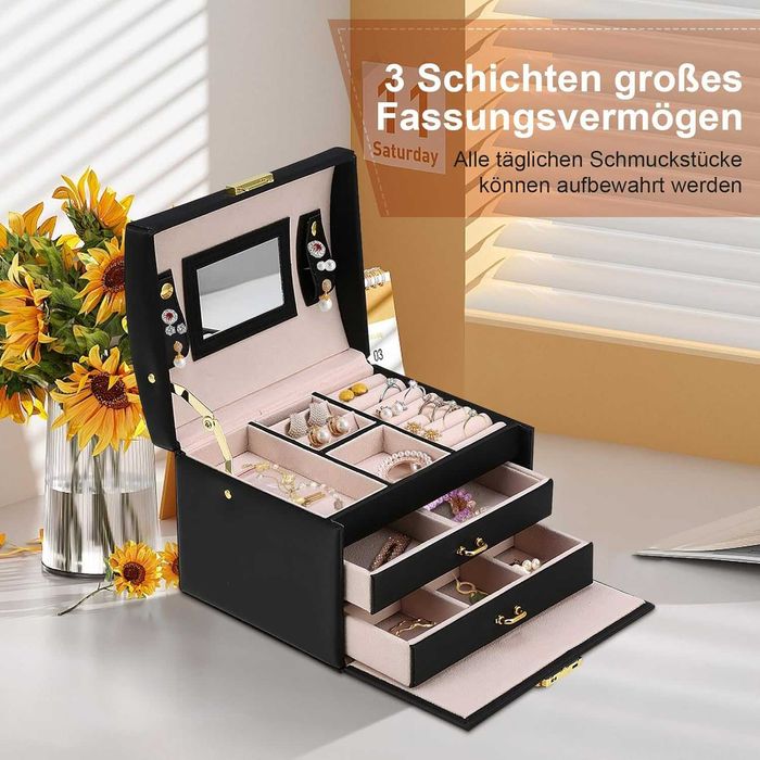 Cutie de bijuterii cu 20 compartimente incuietoare cu cheie si oglinda