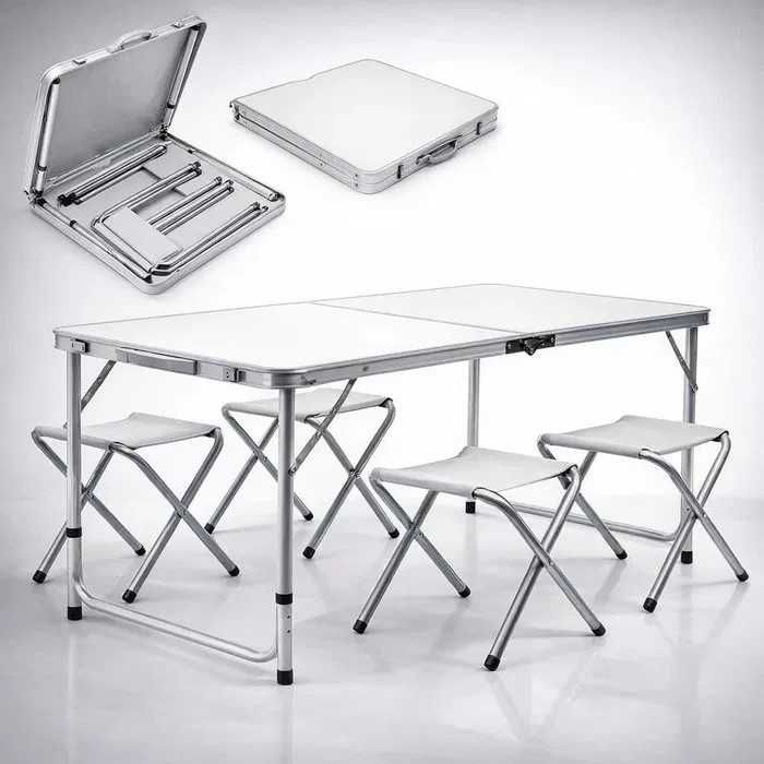 Сгъваема къмпинг маса с 4 стола и отвор за чадър - Алуминиева